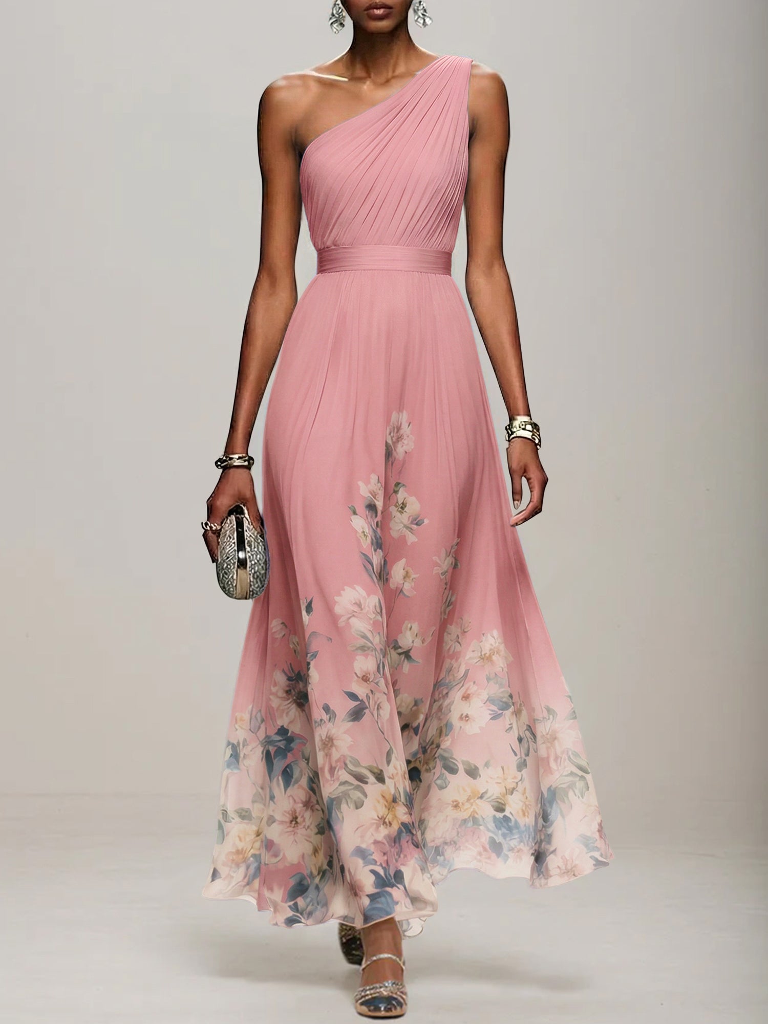 Light Blue Floral Chiffon One Shoulder Sleeveless A-Line Maxi Dress Gown