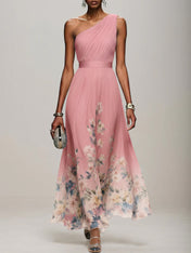 Light Blue Floral Chiffon One Shoulder Sleeveless A-Line Maxi Dress Gown