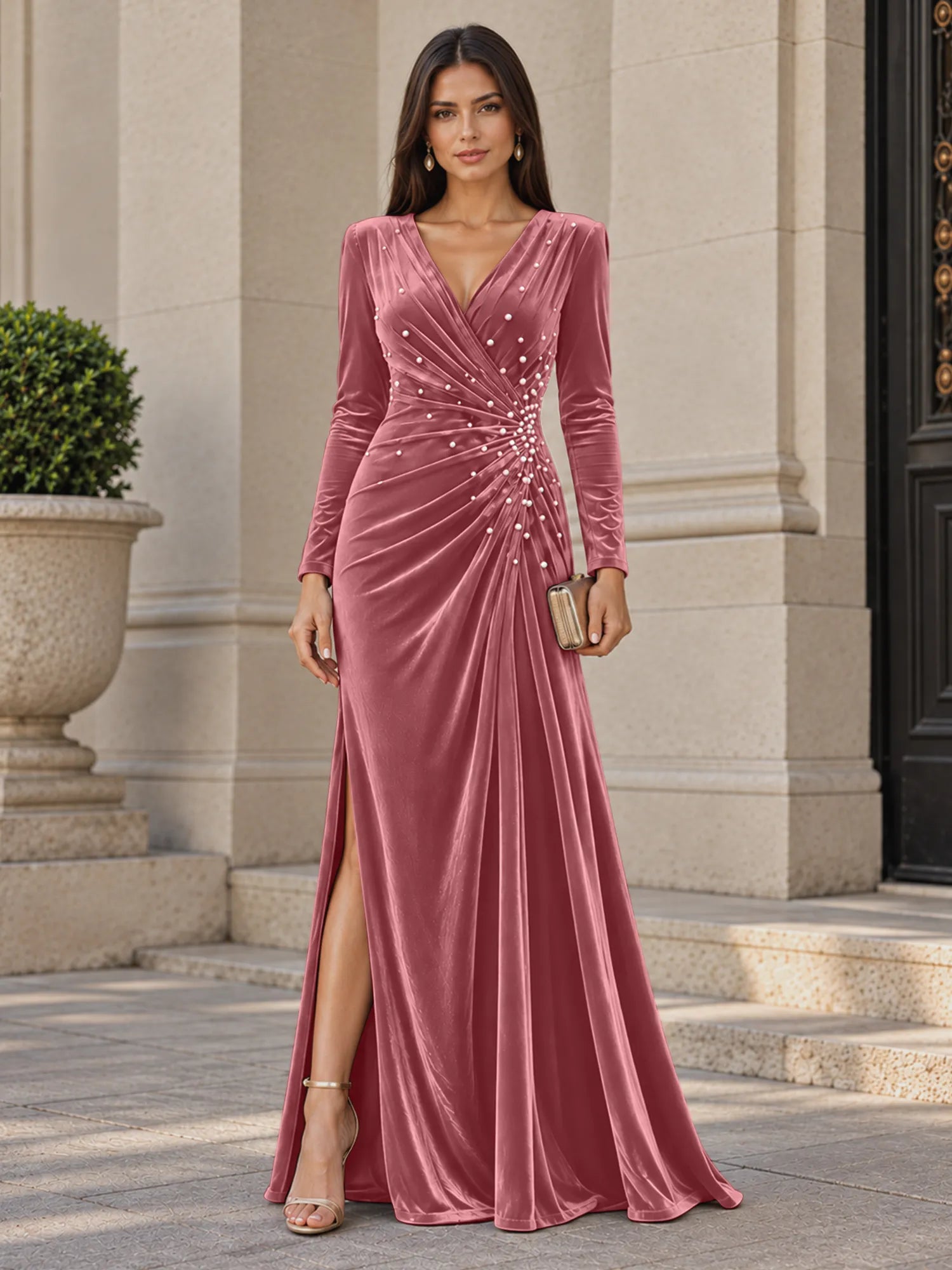 V-Neck Pearl Ruched Burgundy Velvet Floor-Length Evening Dresses with Long Sleeves
