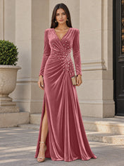 V-Neck Pearl Ruched Burgundy Velvet Floor-Length Evening Dresses with Long Sleeves