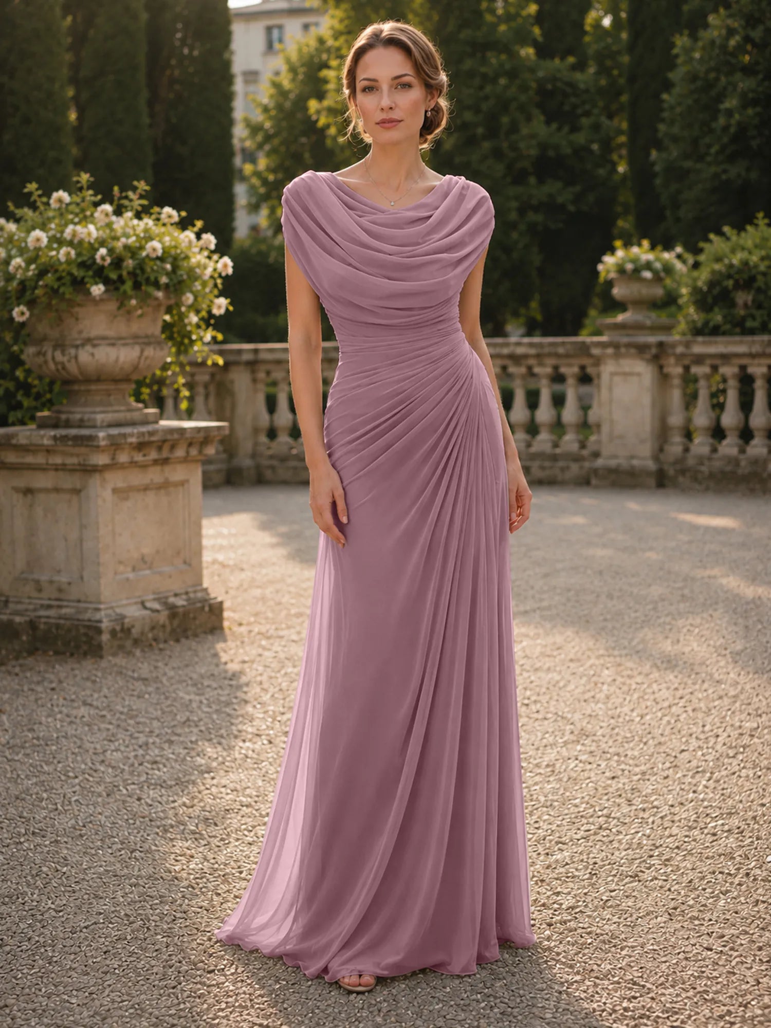 Cowl Neck Mermaid Evening Dresses with Flowing Floor-Length Skirt