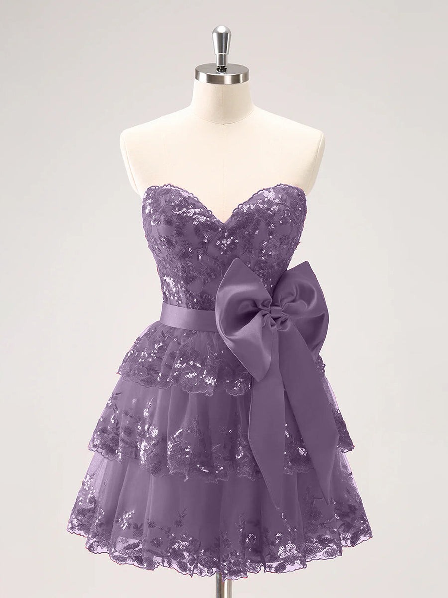 Sparkly A Line Sweetheart Corset Tiered Ruffle Homecoming Dress with Bows