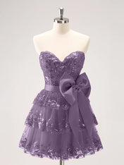 Sparkly A Line Sweetheart Corset Tiered Ruffle Homecoming Dress with Bows