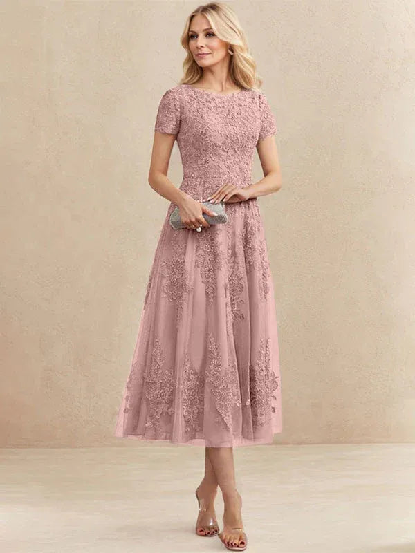 A-line Scoop Tea-Length Tulle Lace Mother of the Bride Dress