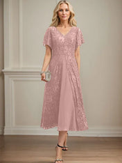 A-line V-Neck Tea-Length Lace Chiffon Mother of the Bride Dress