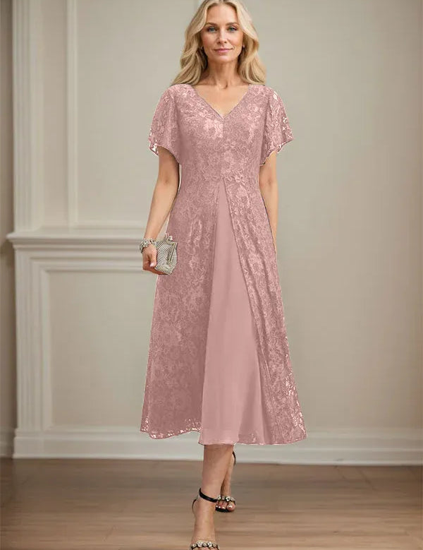 A-line V-Neck Tea-Length Lace Chiffon Mother of the Bride Dress