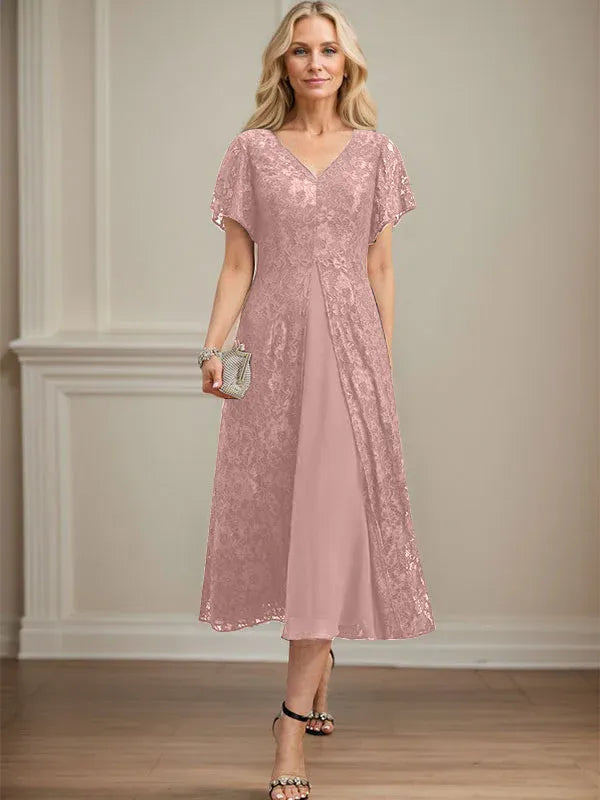 Robe de mère de la mariée en mousseline de soie, coupe trapèze, col en V et longueur thé 