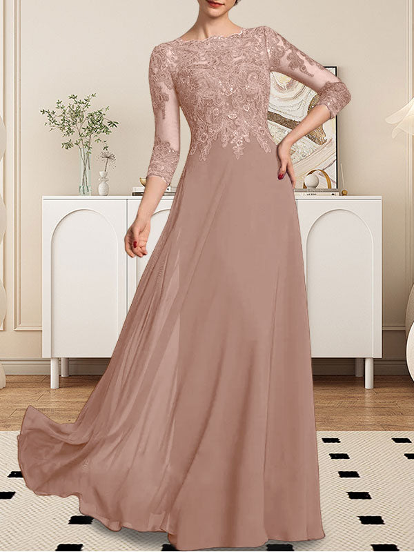 A-line Scoop Floor-Length Lace Chiffon Mother of the Bride Dress With Sequins