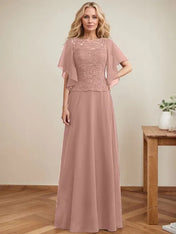 A-line Scoop Illusion Floor-Length Lace Chiffon Mother of the Bride Dress With Sequins