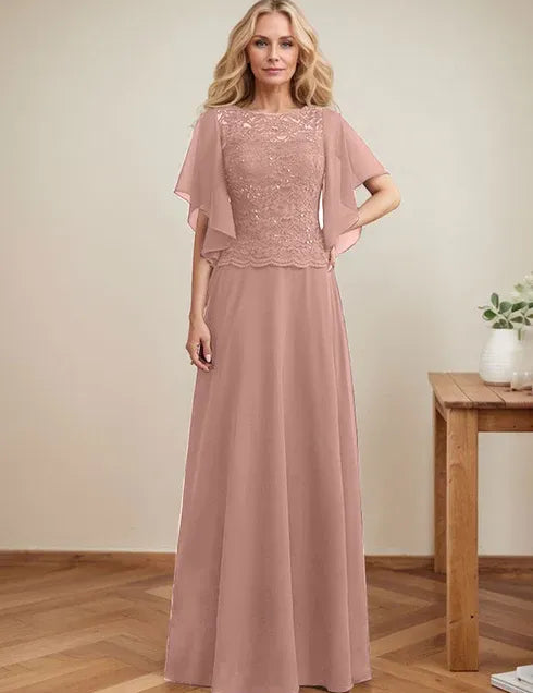 A-line Scoop Illusion Floor-Length Lace Chiffon Mother of the Bride Dress With Sequins