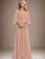 A-line V-Neck Floor-Length Chiffon Mother of the Bride Dress With Cascading Ruffles Crystal Brooch