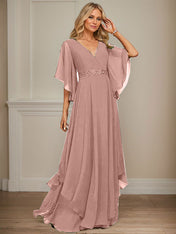 A-line V-Neck Floor-Length Chiffon Mother of the Bride Dress With Sequins Appliques Lace Beading