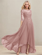 A-line Scoop Illusion Asymmetrical Lace Chiffon Mother of the Bride Dress With Pleated Sequins