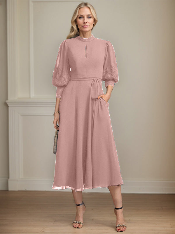 A-line High Neck Tea-Length Lace Chiffon Mother of the Bride Dress With Bow