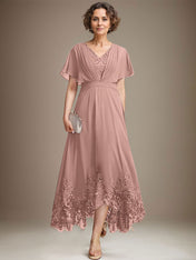 A-line V-Neck Asymmetrical Lace Chiffon Mother of the Bride Dress With Pleated