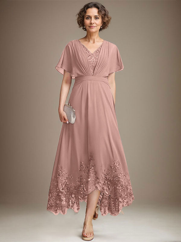A-line V-Neck Asymmetrical Lace Chiffon Mother of the Bride Dress With Pleated
