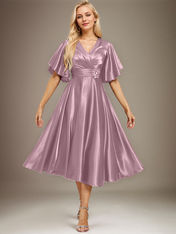 A-line V-Neck Tea-Length Stretch Satin Mother of the Bride Dress With Beading Pleated