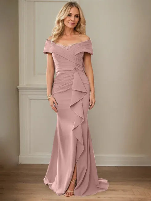 Column V-Neck Illusion Floor-Length Lace Chiffon Mother of the Bride Dress With Pleated Sequins