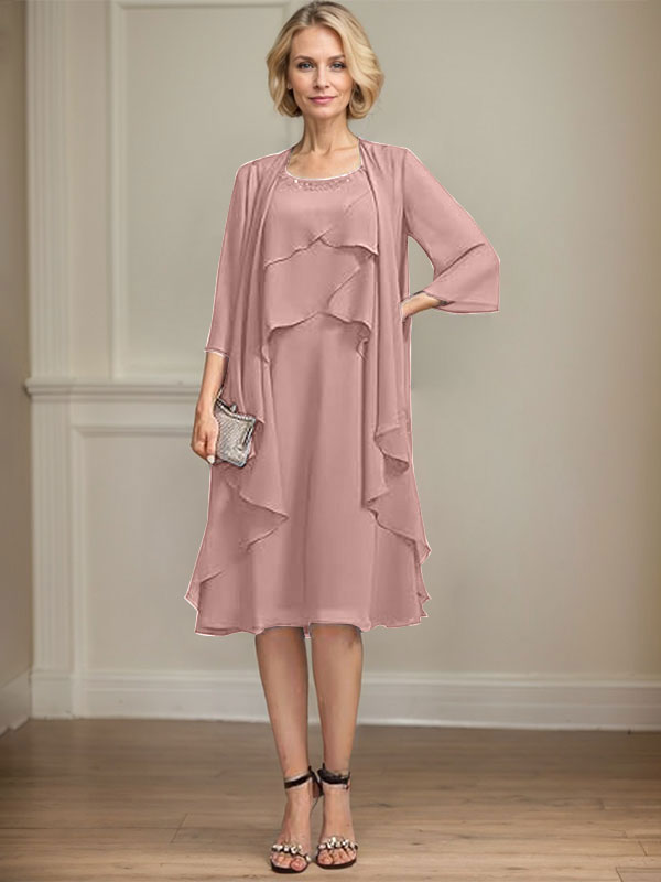 A-line Scoop Knee-Length Chiffon Mother of the Bride Dress With Beading