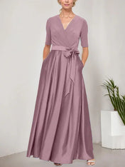 Surplice Neckline Ballgown with Full Satin Skirt & Jersey Bodice