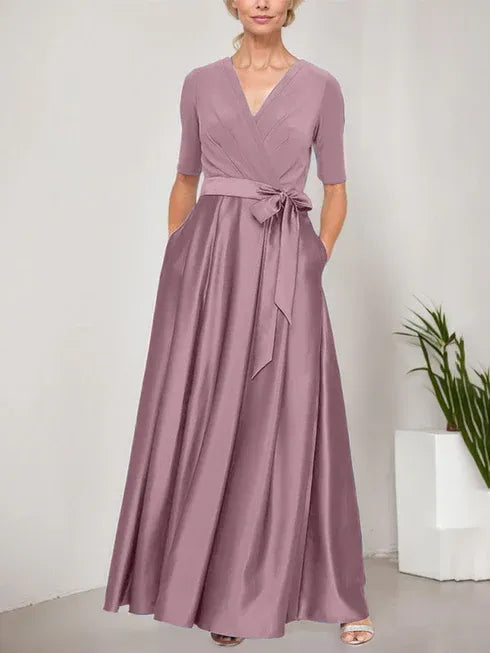 Surplice Neckline Ballgown with Full Satin Skirt & Jersey Bodice