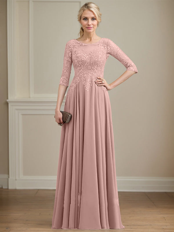 A-line Scoop Illusion Floor-Length Lace Chiffon Mother of the Bride Dress With Sequins