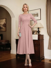 A-line Scoop Illusion Tea-Length Chiffon Lace Mother of the Bride Dress With Beading Sequins