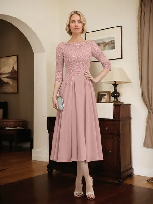 A-line Scoop Illusion Tea-Length Chiffon Lace Mother of the Bride Dress With Beading Sequins