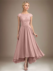 A-line Scoop Illusion Asymmetrical Lace Chiffon Mother of the Bride Dress With Pleated