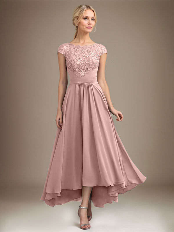 A-line Scoop Illusion Asymmetrical Lace Chiffon Mother of the Bride Dress With Pleated
