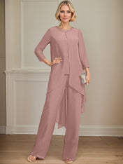 Separates Jumpsuit/Pantsuit Scoop Floor-Length Chiffon Mother of the Bride Dress With Sequins Beading