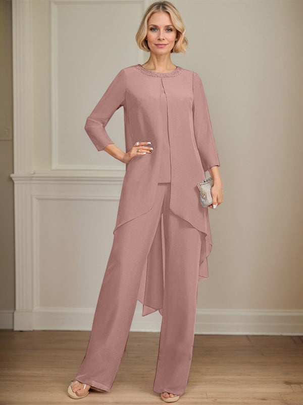 Separates Jumpsuit/Pantsuit Scoop Floor-Length Chiffon Mother of the Bride Dress With Sequins Beading