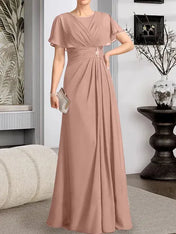 A-line Scoop Floor-Length Chiffon Mother of the Bride Dress With Pleated Beading