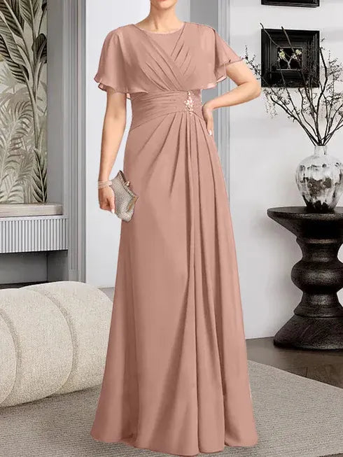 A-line Scoop Floor-Length Chiffon Mother of the Bride Dress With Pleated Beading
