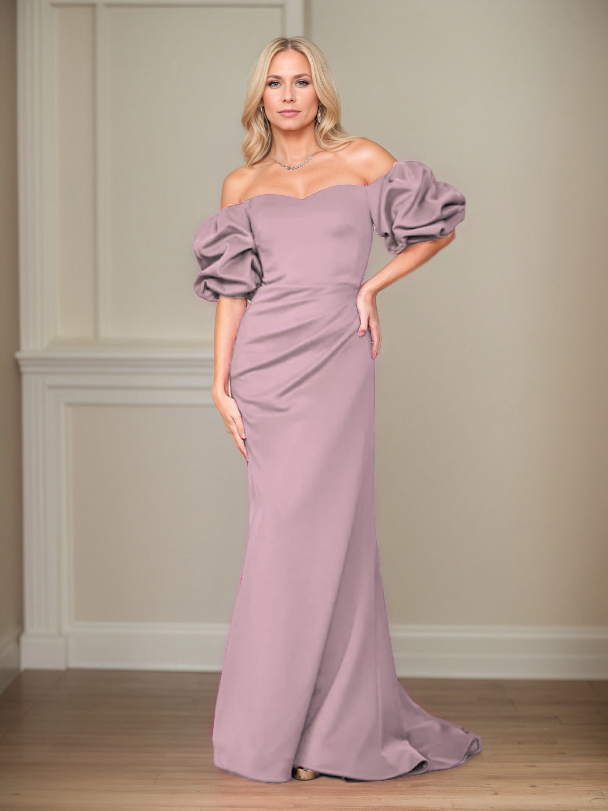 Column Off The Shoulder Puff Sleeves Floor Length Mother of the Bride Dresses