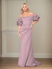 Satin Sheath/Column Off The Shoulder Puff Sleeves Floor Length Mother of the Bride Dresses