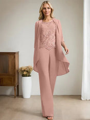 Separates Jumpsuit/Pantsuit Scoop Floor-Length Chiffon Lace Mother of the Bride Dress With Beading Sequins