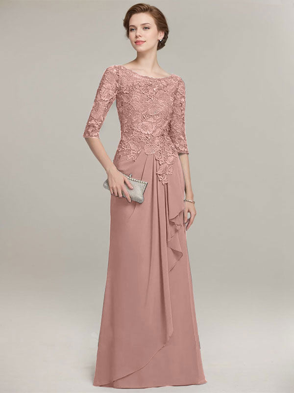 A-line Scoop Illusion Floor-Length Lace Chiffon Mother of the Bride Dress With Cascading Ruffles