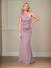 Satin Sheath/Column One Shoulder Short Sleeves Floor Length Mother of the Bride Dresses
