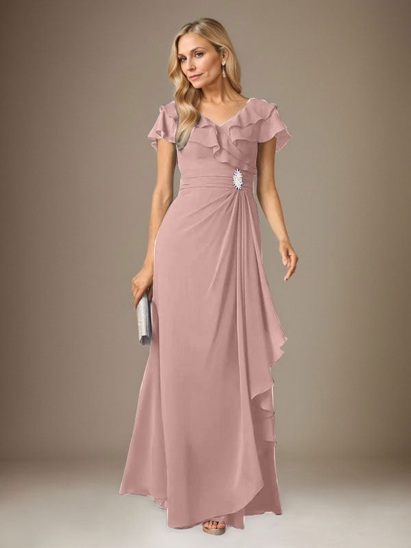Stormy A-Line V-Neck Ruched Chiffon Dress
