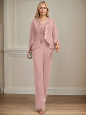 Separates Jumpsuit/Pantsuit V-Neck Floor-Length Chiffon Mother of the Bride Dress