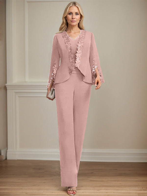 Separates Jumpsuit/Pantsuit V-Neck Floor-Length Chiffon Mother of the Bride Dress