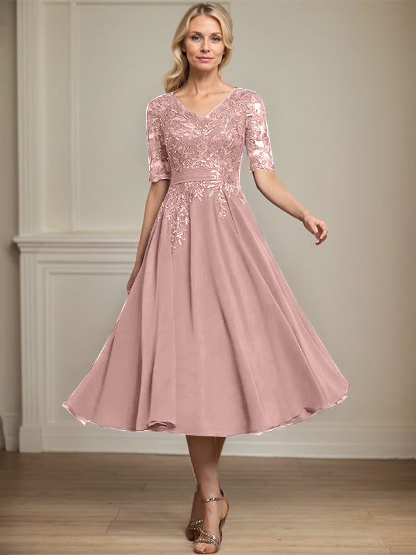 A-line V-Neck Tea-Length Lace Chiffon Mother of the Bride Dress With Sequins