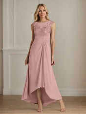 Champagne A-Line Scoop Lace Chiffon Dress