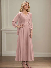 A-line V-Neck Ankle-Length Chiffon Mother of the Bride Dress With Sequins Appliques Lace Beading