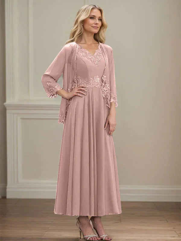 A-line V-Neck Ankle-Length Chiffon Mother of the Bride Dress With Sequins Appliques Lace Beading