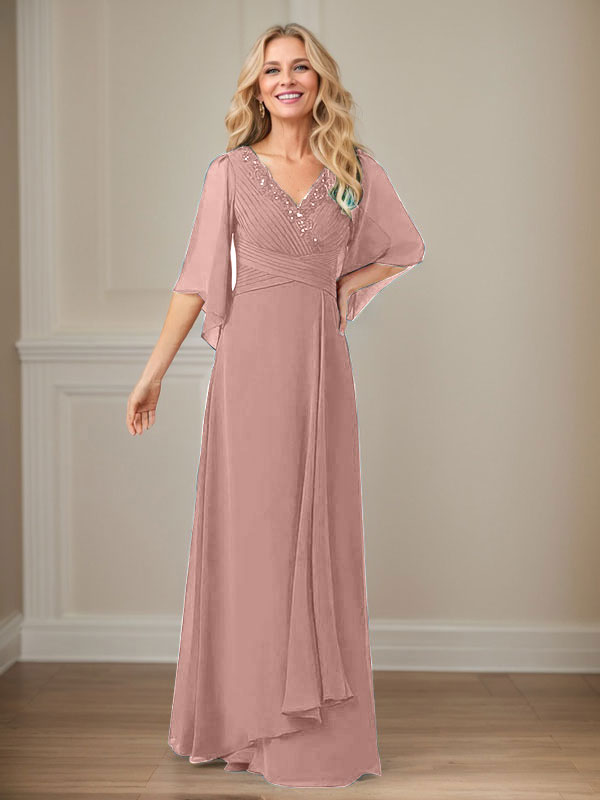 A-Line V-Neck Long Sequins Chiffon Mother Dress
