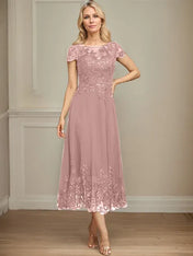 A-line Illusion Scoop Tea-Length Lace Chiffon Mother of the Bride Dress With Sequins