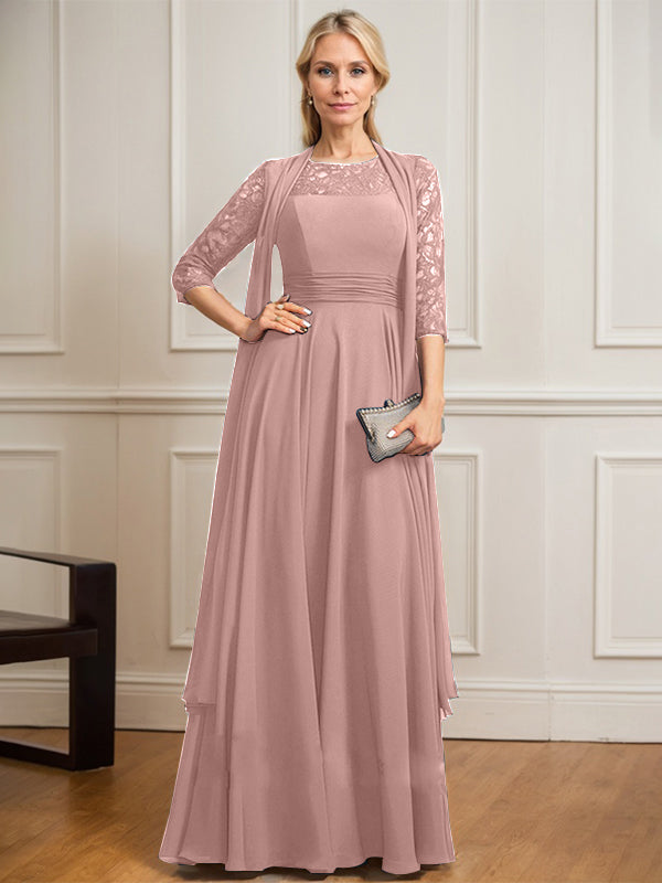 A-line Scoop Illusion Floor-Length Lace Chiffon Mother of the Bride Dress With Pleated
