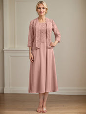 A-line Scoop Tea-Length Lace Chiffon Mother of the Bride Dress